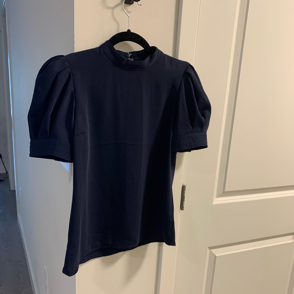 Express navy key hole button puff sleeve blouse